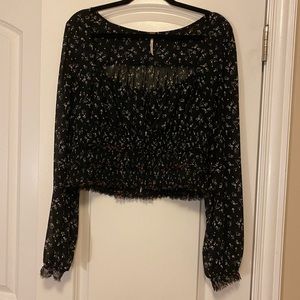 FREE PEOPLE- black floral, long sleeve crop top, square adjustable neckline